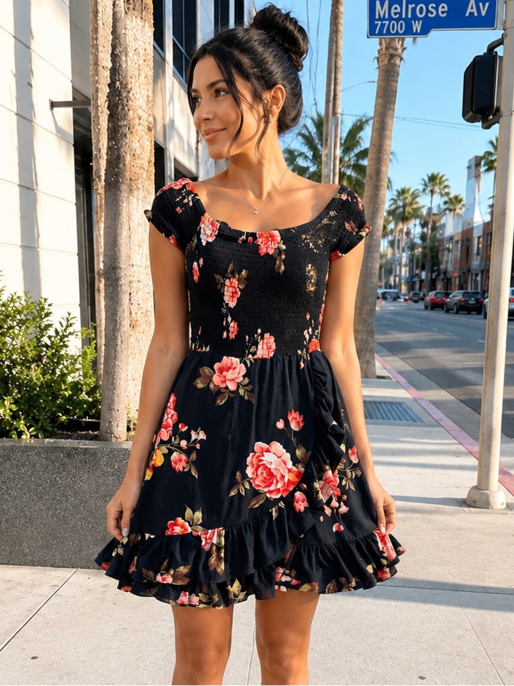 J for Justify Black Floral Smocked Mini Dress Pink Roses Ruffled Trim Stretch M